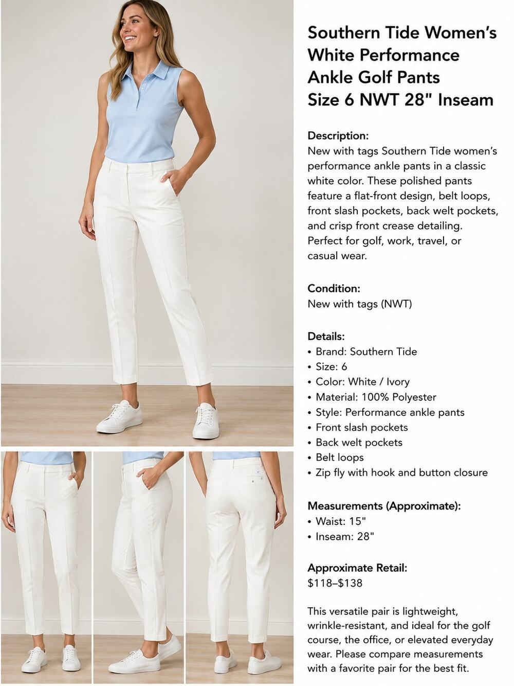 Southern Tide Women’s White Performance Ankle Golf Pants Size 6 NWT 28” Inseam
